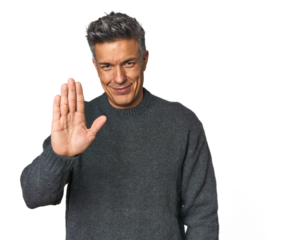 Middle-aged Latino man smiling cheerful showing number five with fingers.