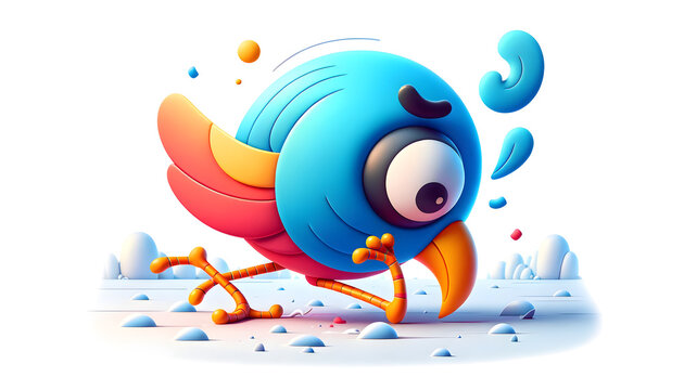 Adorable Curious Cartoon Blue Bird with Yellow Belly and Orange Beak - 3D Rendered Illustration with Pebbles and Floating Colored Balls, Concept of Wonder and Amusement in Whimsical Wildlife Scenes