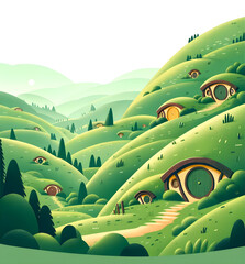 Enchanted Illustration of Serene Shire-Inspired Landscape with Hobbit Holes: Concept of Fantasy, Peaceful Living, and Tolkien's World - Ideal for Fans and Thematic Backgrounds - obrazy, fototapety, plakaty