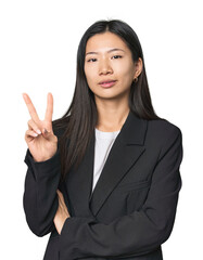 Young Chinese woman in business suit showing number two with fingers.