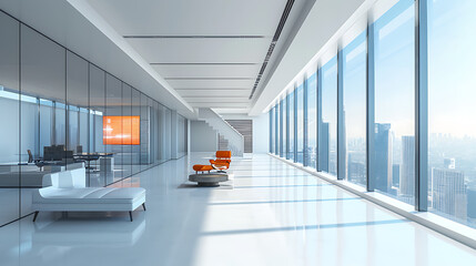 Um elegante espaço de escritório minimalista apresenta grandes janelas que inundam a sala com luz natural criando uma sensação de abertura e inovação - obrazy, fototapety, plakaty