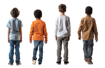 Back view full body of multi racial boys over isolated transparent background