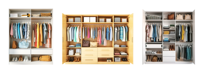 Collage set of female wooden wardrobes full of clothes over white transparent background