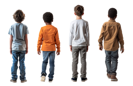 Back view full body of multi racial boys over isolated transparent background