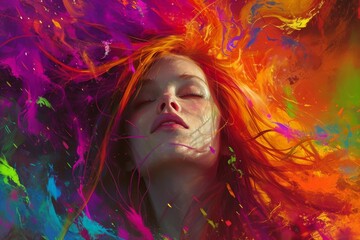 A vibrant portrait of a woman with fiery red hair, her face adorned with an explosion of colorful paint, evoking the beauty and creativity of human expression through art