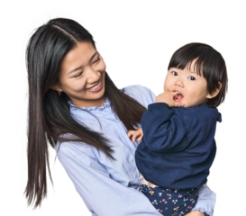 Happy Chinese mother hugging her child