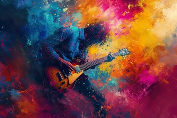 A contemporary masterpiece, this acrylic painting captures the raw emotion of a man lost in the music as he strums his guitar, creating a symphony of colors with each stroke of the art paint - obrazy, fototapety, plakaty