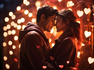 A couple Hugging each other on Valentine's Day area illuminated by the warm glow of hanging hearts