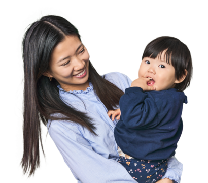 Happy Chinese mother hugging her child