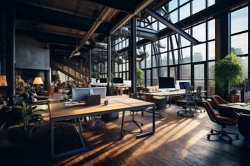 A modern office space filled with sleek furniture and large windows, providing a bright and airy atmosphere for productivity - obrazy, fototapety, plakaty