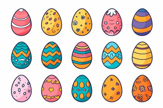 A vibrant display of hand-drawn eggs in various hues and patterns, captured in a whimsical clipart illustration