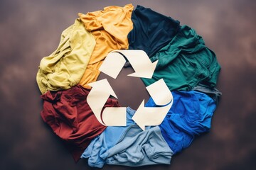 Recycling symbol made of multicolored clothes on a brown background. zero waste and reuse concept of cloths. recycling symbol on fabric background.