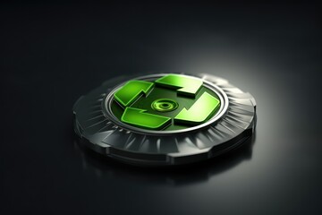 A metal button with a green recycling symbol on it. Ecology and environmental protection concept. 3d rendering of green recycling button isolated on black background.