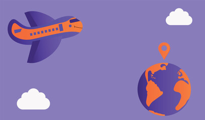 Globe with marker icon, flying airplane, clouds. Banner template for booking tours, hotel, resort. Airport icon, delivery and logistics vector illustration