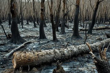 A serene winter grove surrounded by lush trees contrasts with a charred ground, showcasing the resilience and ever-changing beauty of nature in the outdoors