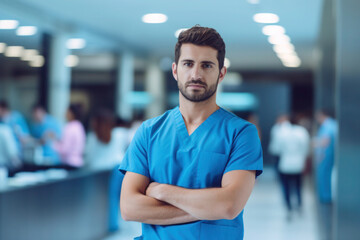 Male doctor, medical worker wearing uniform in a hospital