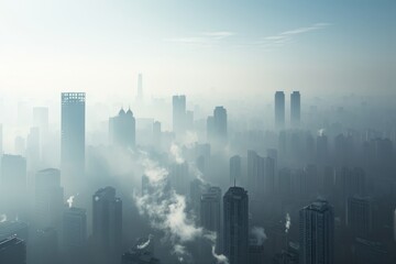 Amidst a sea of towering skyscrapers, the cityscape is shrouded in a thick fog, creating a hazy metropolis that embodies the fast-paced and bustling energy of urban life