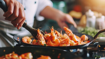 seafood, professional cook prepares shrimps with sprig beans. Ai Generative.