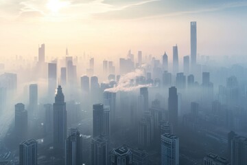 As the sun sets on the urban landscape, towering skyscrapers emerge from the thick haze, creating a mesmerizing cityscape in the midst of the foggy metropolis