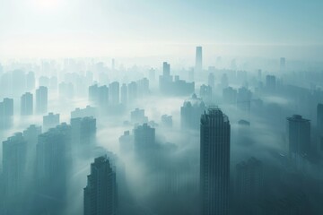 The city skyline is enveloped in a thick haze of fog, obscuring the towering skyscrapers and creating a mysterious and alluring metropolis landscape