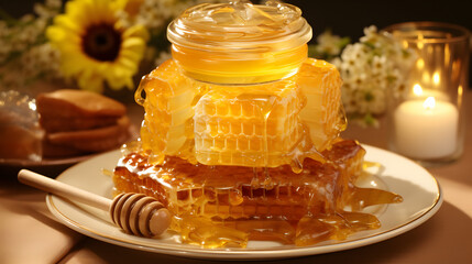 Honeycomb with beeswax and honey bees