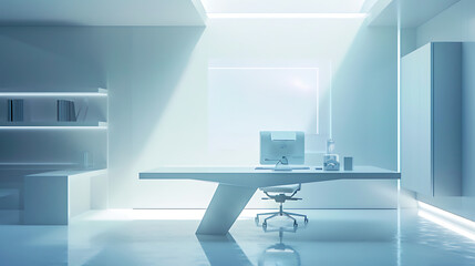 Um elegante espaço de trabalho minimalista é banhado por uma suave luz difusa criando uma atmosfera de criatividade focada