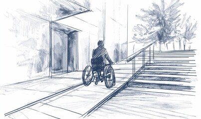 Drawing of an access ramp for the disabled, urbanism architecture sketch illustration, person sitting on a wheelchair accessing a building thanks to a special passage way for people with handicap - obrazy, fototapety, plakaty