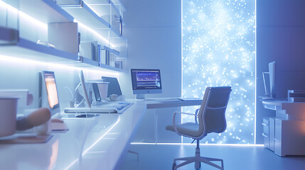 Um elegante espaço de trabalho minimalista é banhado por uma suave luz difusa criando uma atmosfera de criatividade focada