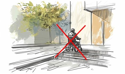 Drawing of a building entrance inaccessible to the disabled, wheelchair user trying to access an office or appartment, person with handicap in danger, need for a passage way for handicapped citizens