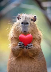 Foto op Plexiglas little cute capybara holding a heart on a blurred color background, valentine's day, symbol, love, February 14, postcard, animal © Julia Zarubina