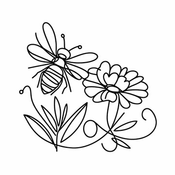 One continuous line drawing of bee and flower logo icon. Trendy single line draw design vector illustration