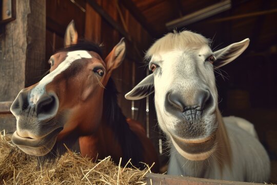 A majestic horse and a curious goat pose for the camera, their gentle nature and strong bond evident in the rustic farm setting surrounded by bales of hay and the stable in the background