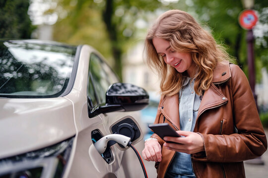Woman Using Cell Phone to Charge Electric Car