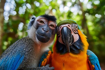 Two colorful creatures, one feathered and one furry, sit perched atop a tree in the great outdoors, showcasing the unique beauty of the animal kingdom
