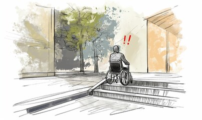 A dangerous situation for a disabled person stuck alone in the stairs, trying to climb the step to reach a building without any access ramp or passage way for wheelchair mobility scooter users