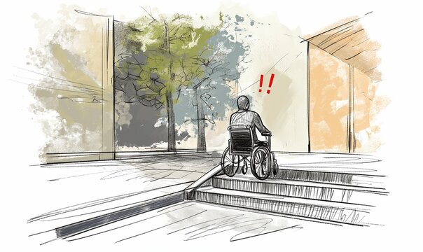 A Dangerous Situation For A Disabled Person Stuck Alone In The Stairs, Trying To Climb The Step To Reach A Building Without Any Access Ramp Or Passage Way For Wheelchair Mobility Scooter Users