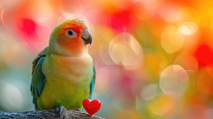 small cute beautiful parrot holding heart, valentine's day, symbol, love, february 14, postcard, animal, bird, feathers, blurred color background