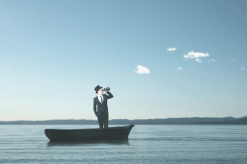 elegant man sails alone on a small boat trying with a telescope to see his own destiny, abstract...