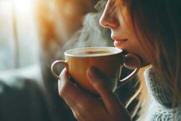 A poised woman indulges in a warm cup of coffee, her delicate features reflecting the coziness of the indoor setting as she savors each sip from the elegant teacup - obrazy, fototapety, plakaty