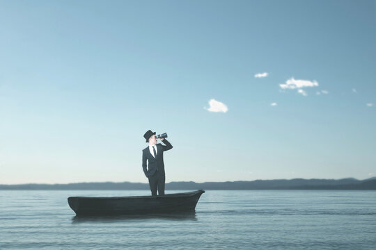 elegant man sails alone on a small boat trying with a telescope to see his own destiny, abstract concept