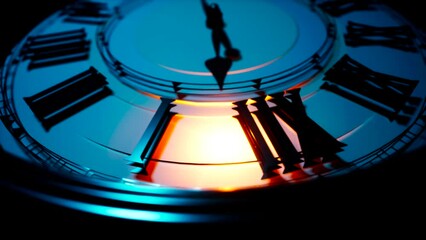 beautiful clock animation with orange light show numbers on watch. Camera the camera follows clockwise direction