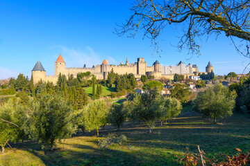 Fototapeta na wymiar The walled fortress castle rises above the city and vineyards in medieval Carcassonne, France.