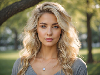 Young stylish blonde woman with beautiful hair standing outdoors in a park. Female natural beauty.	