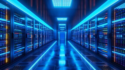 server rack in the warehouse, a long hallway with rows of servers in a data center with blue lights on the ceiling and flooring