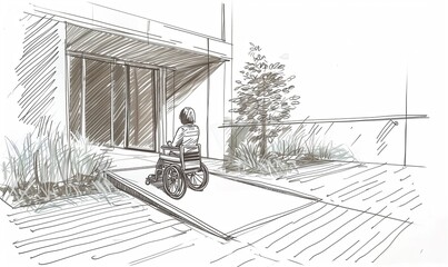 Disabled person sitting on a wheelchair accessing a building entrance on an access ramp, mobiliy impaired friendly design, drawing or architectural sketch, modern adapted contemporary urban design