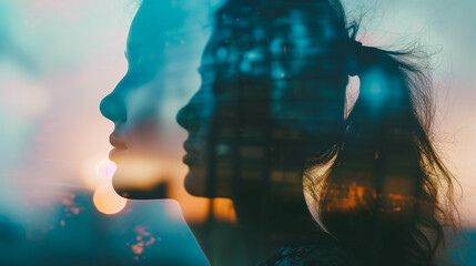 Double Exposure portrait of woman with city skyline