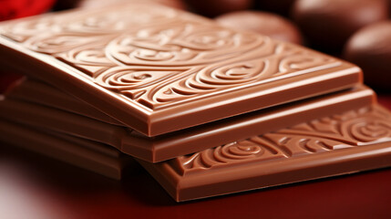 Broken chocolate pieces and cocoa powder on background