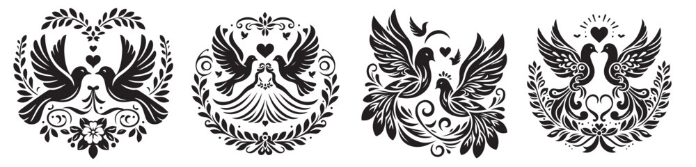 doves vector image set of wedding decorative pigeon birds, black and white vector graphics