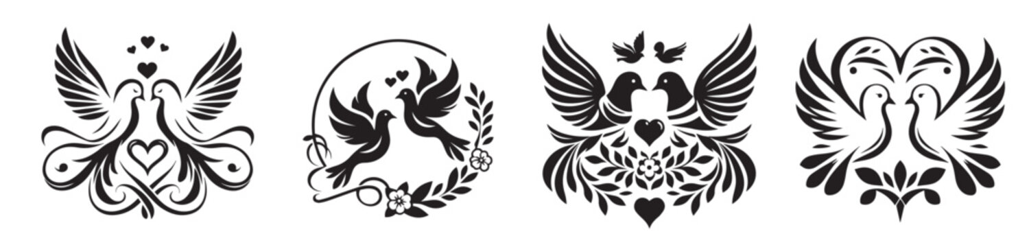 doves vector image set of wedding decorative pigeon birds, black and white vector graphics