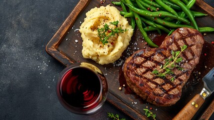 Fototapeta na wymiar Homemade Comfort: Sizzling Steak, Mashed Potatoes, and Green Beans, Top View